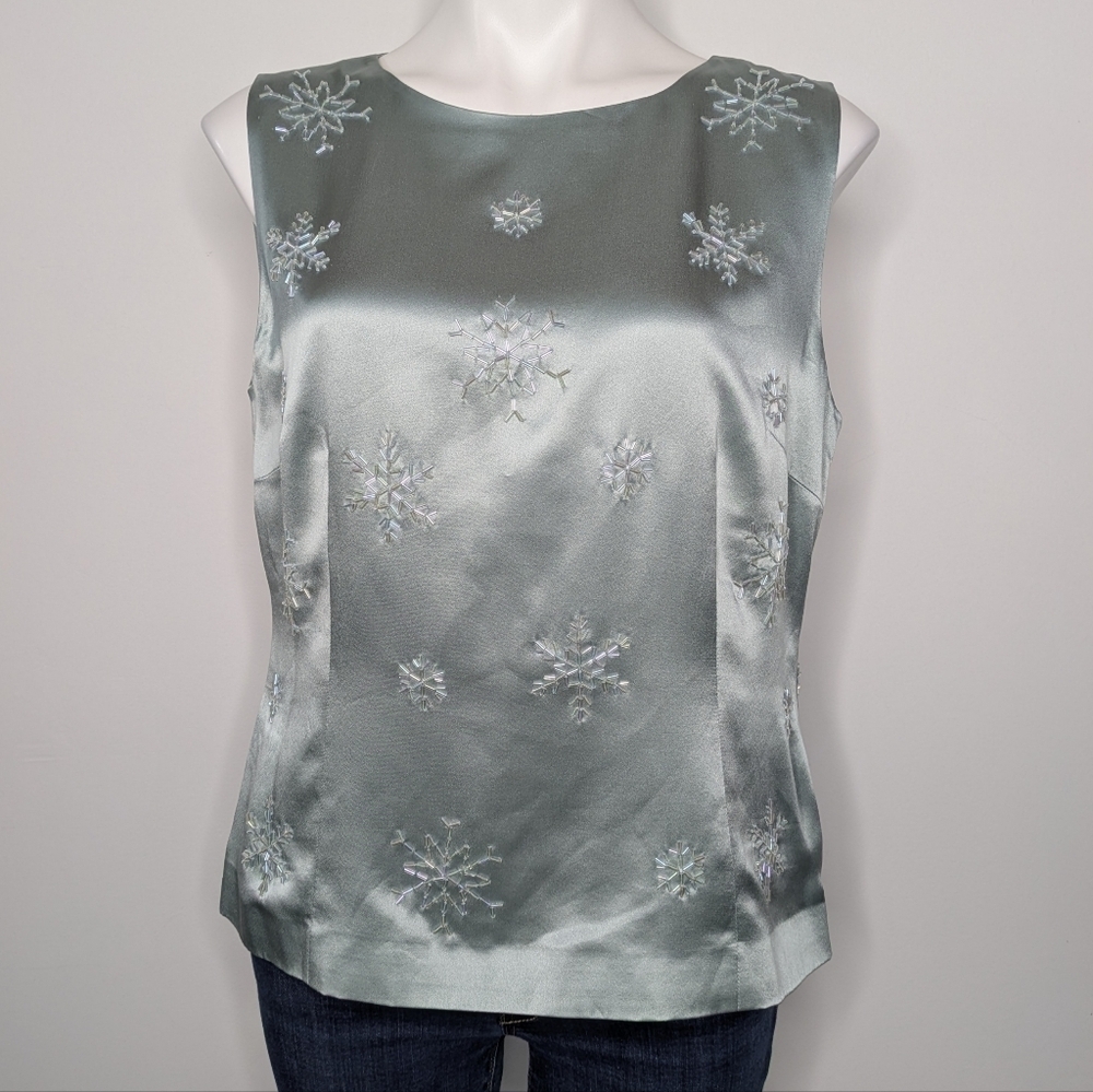 Vintage Due Per Due Light Blue Satin Beaded Snowflake Silk Tank Top Blouse 14